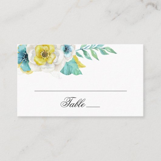 Die Blumen sind blau und gelb. Blumenhochzeit Platzkarte (Vorderseite)