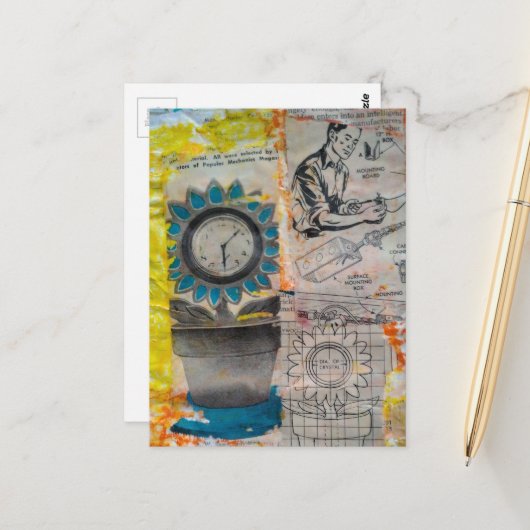 Die Blumen-Uhr Mixed Media Collage Postkarte (Vorderseite/Rückseite Beispiel)