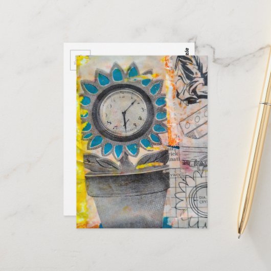 Die Blumen-Uhr-Pläne Mixed Media Collage Postkarte (Vorderseite/Rückseite Beispiel)