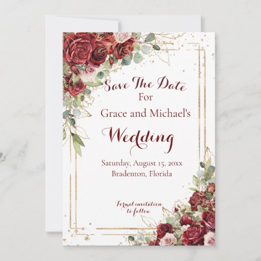 Die Blushing-Bride-Rote Rose-Hochzeit Save The Date (Vorderseite)