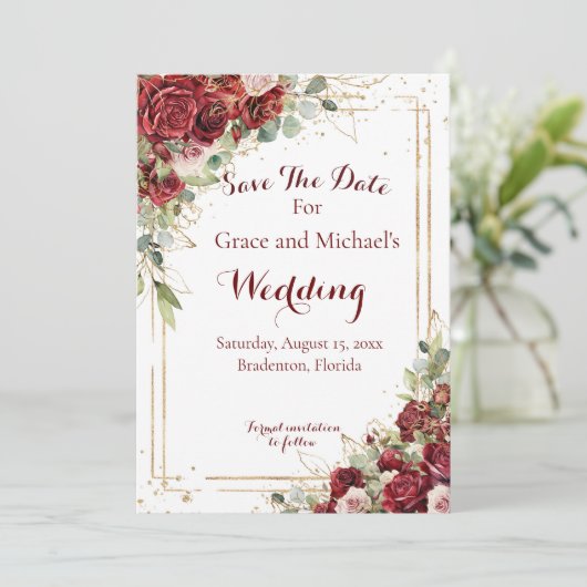 Die Blushing-Bride-Rote Rose-Hochzeit Save The Date (Stehend Vorderseite)