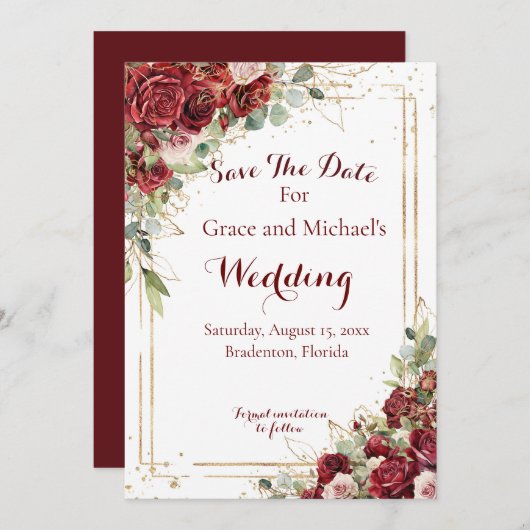Die Blushing-Bride-Rote Rose-Hochzeit Save The Date (Vorne/Hinten)