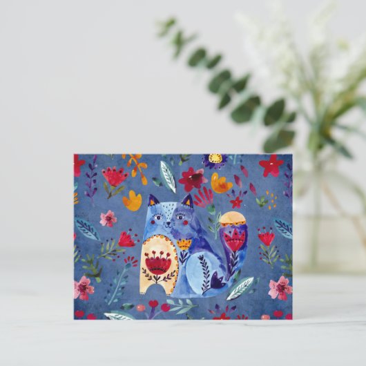 Die böse Katze im Blumengarten Postkarte (Stehend Vorderseite)