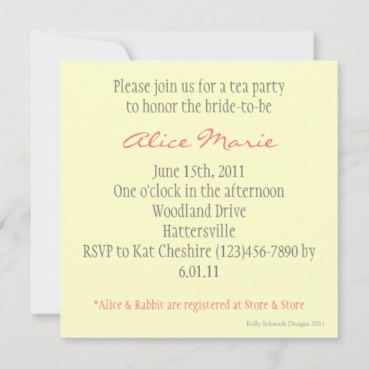 Die Braut Alice im Wunderland oder die Baby-Dusche Einladung (Rückseite)