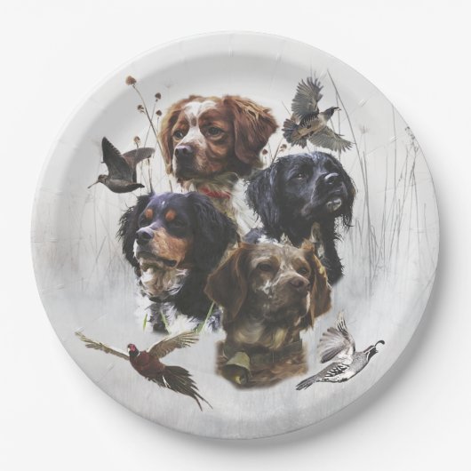 Die Bretagne-Spaniels, die Vogeljagdsaison Pappteller (Vorderseite)