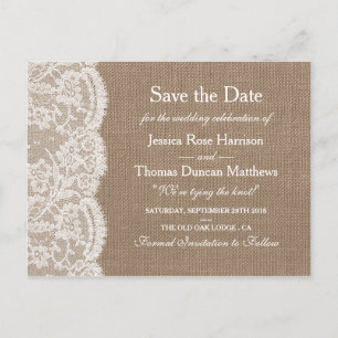 Die Burlap & Lace Wedding Collection Save the Date Ankündigungspostkarte