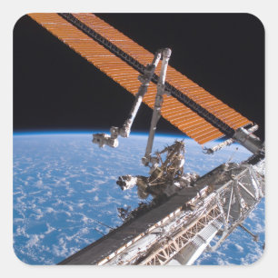 Die Canadarm2 und Solarstromanlageplattenflügel Quadratischer Aufkleber