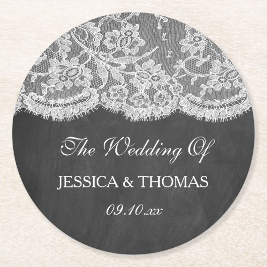 Die Chalkboard & Lace Wedding Collection Runder Pappuntersetzer (Vorderseite)