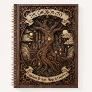 Die Chronos-City-Steampunk-Baum-Holzschnitzerei Notizblock