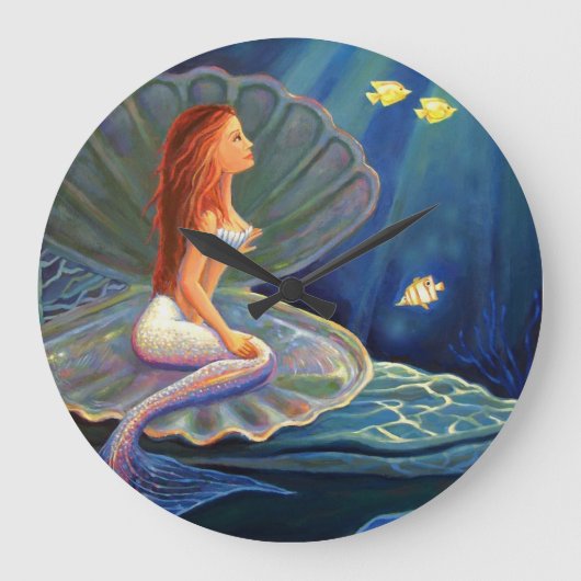 Die Clamshell Mermaid Art Wall Clock Große Wanduhr (Vorderseite)