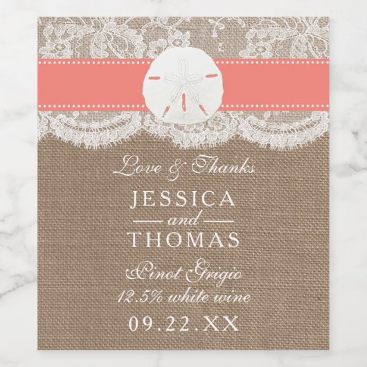 Die Coral Sand Dollar Beach Wedding Collection Weinetikett (Einzelnes Label)