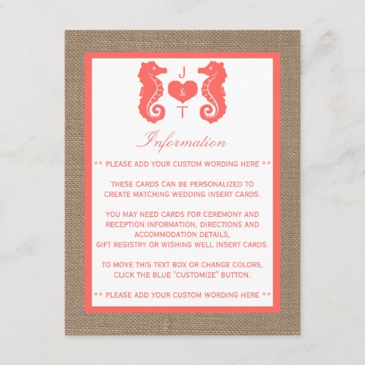 Die Coral Seahors Burlap Beach Wedding Collection Begleitkarte (Vorderseite)