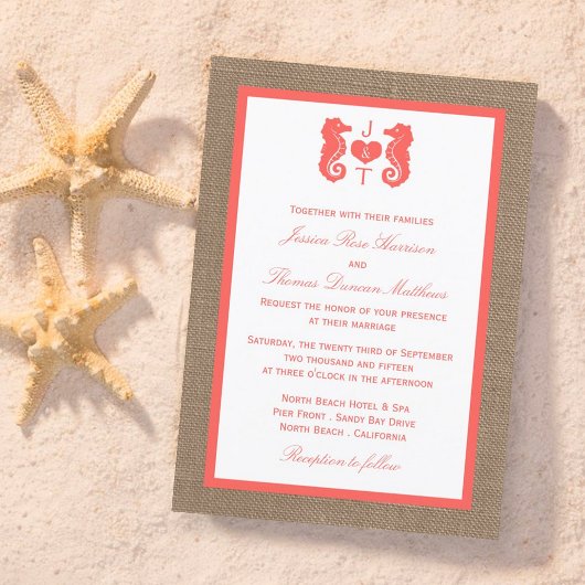 Die Coral Seepferd Burlap Beach Wedding Collection Einladung