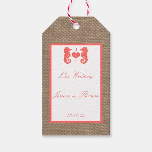Die Coral Seepferd Burlap Beach Wedding Collection Geschenkanhänger (Vorderseite)
