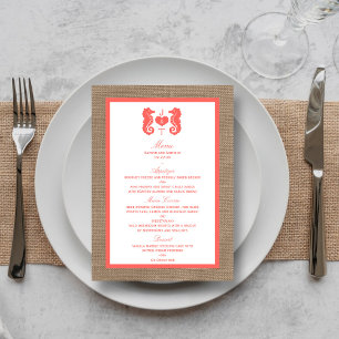 Die Coral Seepferd Burlap Beach Wedding Collection Menükarte