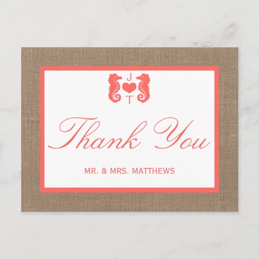 Die Coral Seepferd Burlap Beach Wedding Collection Postkarte (Vorderseite)