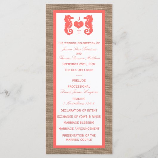 Die Coral Seepferd Burlap Beach Wedding Collection Programm (Vorderseite)