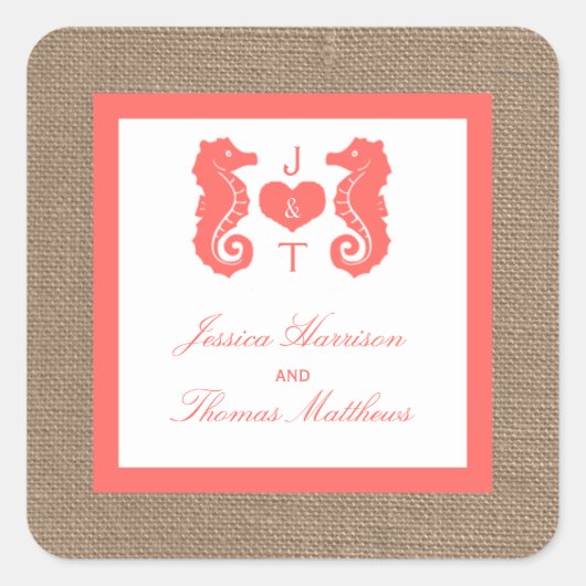 Die Coral Seepferd Burlap Beach Wedding Collection Quadratischer Aufkleber (Vorderseite)