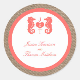 Die Coral Seepferd Burlap Beach Wedding Collection Runder Aufkleber