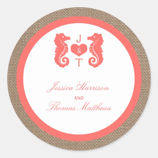 Die Coral Seepferd Burlap Beach Wedding Collection Runder Aufkleber (Vorderseite)