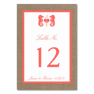Die Coral Seepferd Burlap Beach Wedding Collection Tischnummer