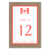 Die Coral Seepferd Burlap Beach Wedding Collection Tischnummer (Rückseite)