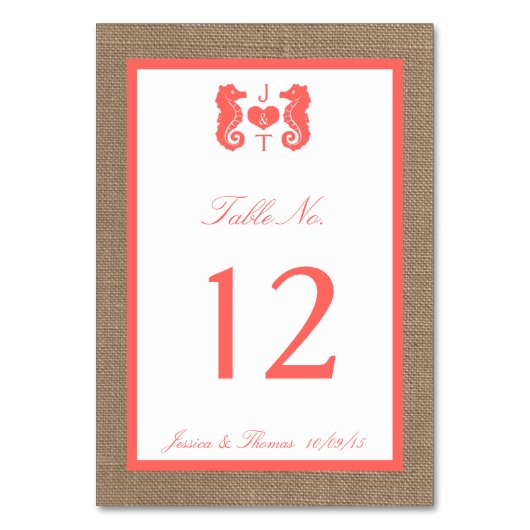 Die Coral Seepferd Burlap Beach Wedding Collection Tischnummer (Vorderseite)