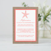 Die Coral Starfish Burlap Beach Wedding Collection Begleitkarte (Stehend Vorderseite)