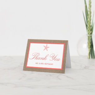 Die Coral Starfish Burlap Beach Wedding Collection Dankeskarte