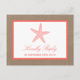 Die Coral Starfish Burlap Beach Wedding Collection Einladungspostkarte