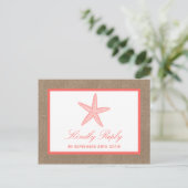 Die Coral Starfish Burlap Beach Wedding Collection Einladungspostkarte (Stehend Vorderseite)