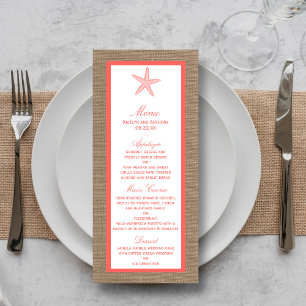 Die Coral Starfish Burlap Beach Wedding Collection Menükarte