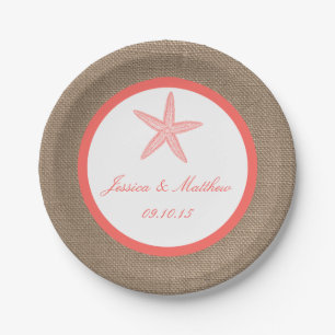 Die Coral Starfish Burlap Beach Wedding Collection Pappteller