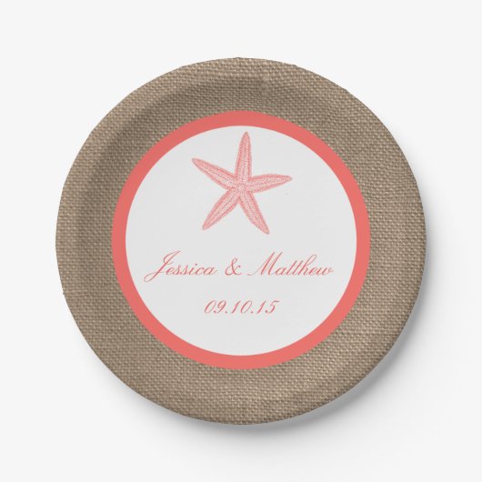 Die Coral Starfish Burlap Beach Wedding Collection Pappteller (Vorderseite)