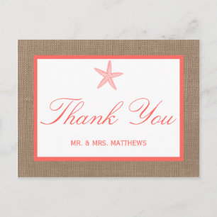 Die Coral Starfish Burlap Beach Wedding Collection Postkarte