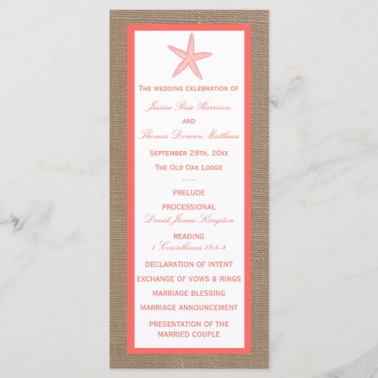 Die Coral Starfish Burlap Beach Wedding Collection Programm (Vorderseite)