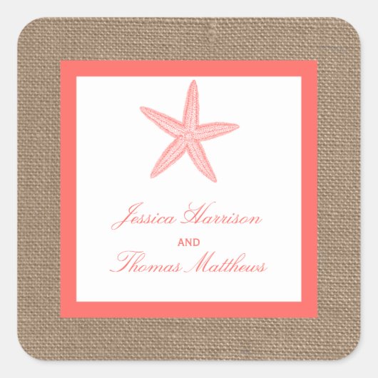 Die Coral Starfish Burlap Beach Wedding Collection Quadratischer Aufkleber (Vorderseite)