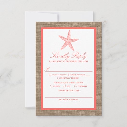 Die Coral Starfish Burlap Beach Wedding Collection RSVP Karte (Vorderseite)