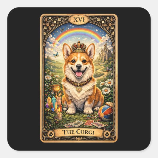 Die Corgi-Tarotkarte Quadratischer Aufkleber (Vorderseite)