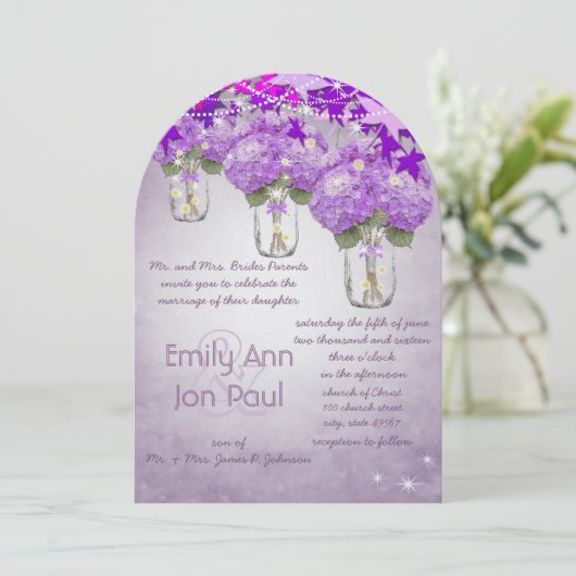 Die Cut Radiant Lila Mason Jar Wedding Einladung (Stehend Vorderseite)