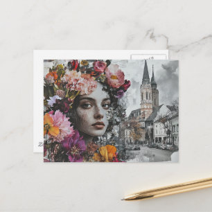 Die Dame Collage mit Blumen und Gebäuden Postkarte