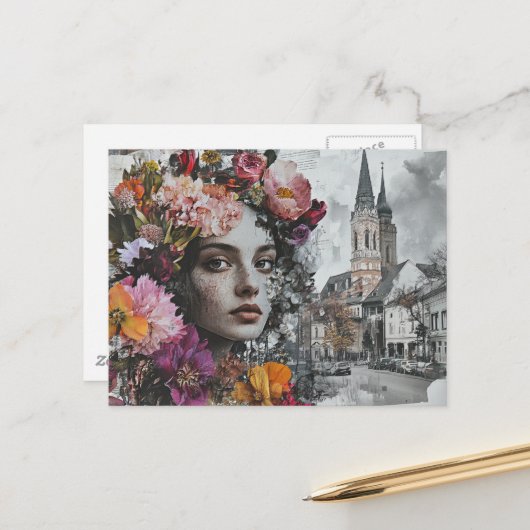 Die Dame Collage mit Blumen und Gebäuden Postkarte (Vorderseite/Rückseite Beispiel)