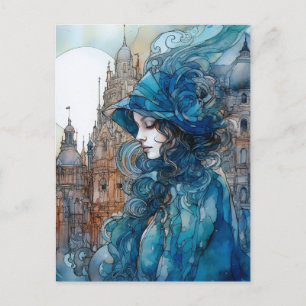 Die Dame in blauer Stadt Postkarte