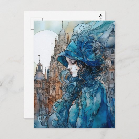 Die Dame in blauer Stadt Postkarte (Vorne/Hinten)