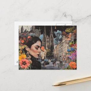 Die Dame in einer Stadt Collage Blumen Gebäude Frö Postkarte