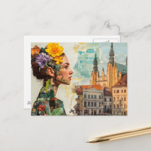 Die Dame in einer Stadt Collage Blumen und Gebäude Postkarte
