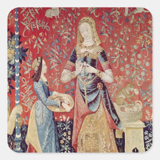 Die Dame und das Einhorn: "Riechen" Quadratischer Aufkleber (Vorderseite)