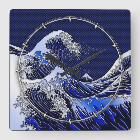 Die Dekoration der großen Hokusai-Wave-Chromfaser Quadratische Wanduhr (Vorderseite)