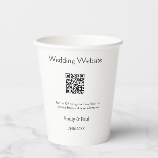 Die Details Hochzeitswebsite scannen QR hinzufügen Pappbecher (Vorderseite)