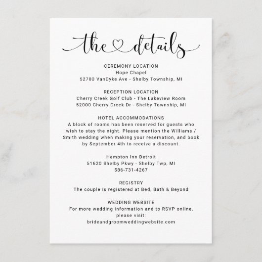 Die Details Schwarzes Herz Skript Hochzeitsinforma Begleitkarte (Vorderseite)